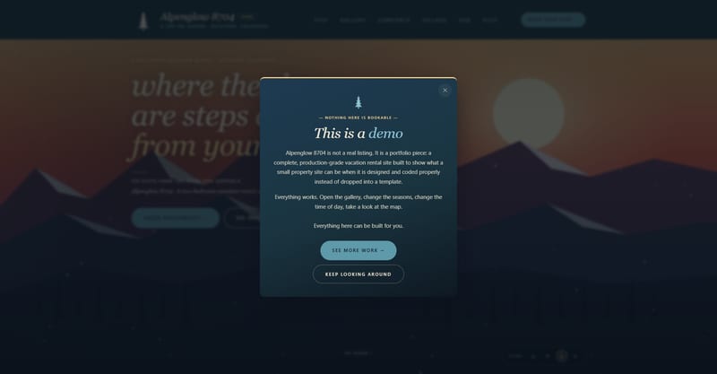 Alpenglow 8704: The demo notice that opens in place of booking