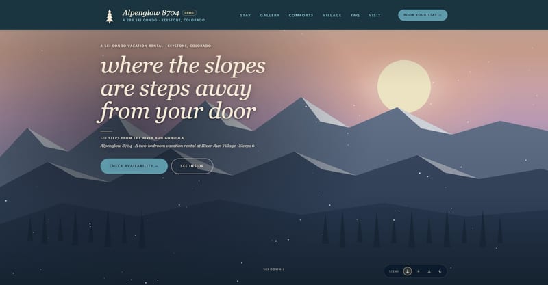 Alpenglow 8704: Homepage (desktop, dawn scene)
