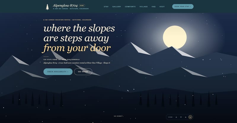 Alpenglow 8704: Homepage (desktop, night scene)