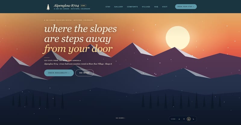 Alpenglow 8704: Homepage (desktop, sunset scene)