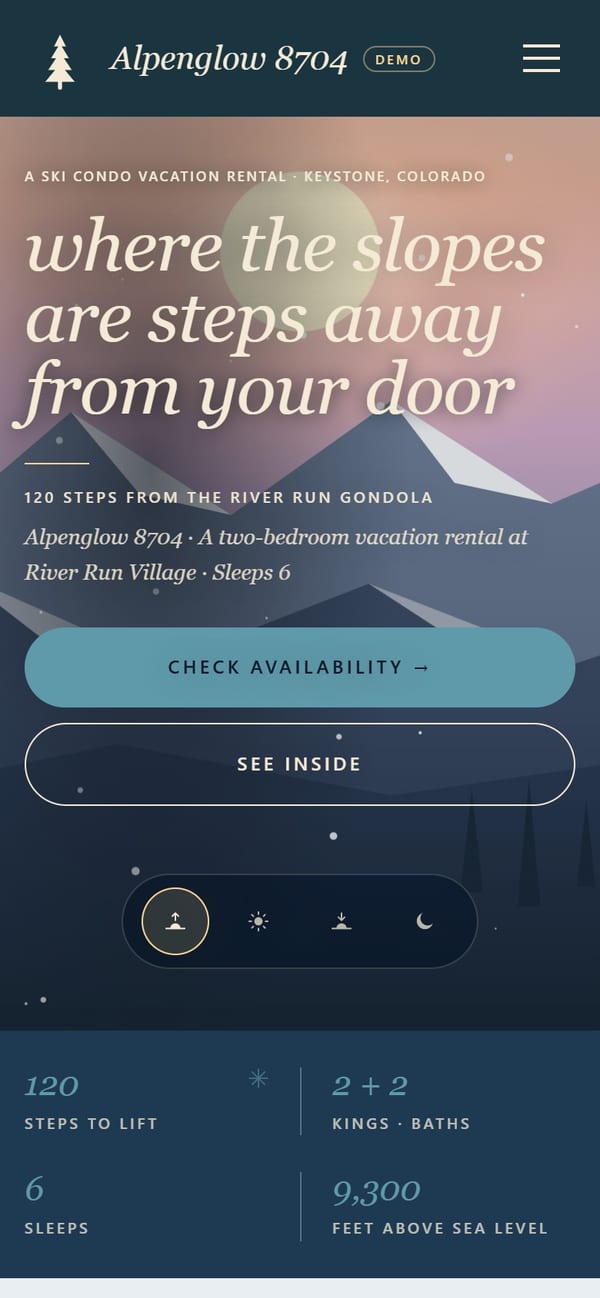 Alpenglow 8704: Homepage (mobile, dawn scene)