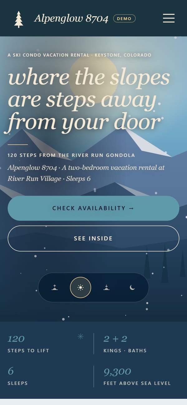 Alpenglow 8704: Homepage (mobile, noon scene)