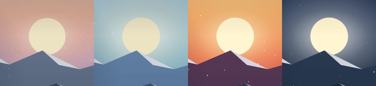 Alpenglow 8704: The homepage skyline across all four scenes: dawn, noon, sunset, and night