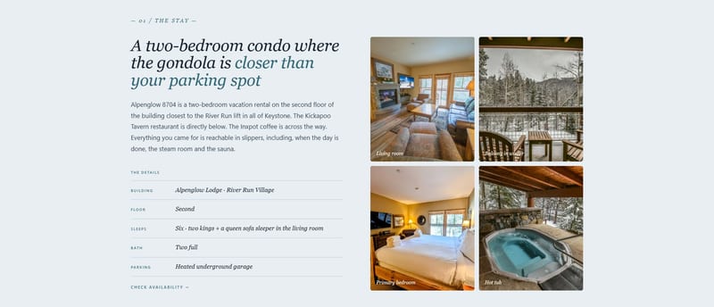 Alpenglow 8704: The Stay section with property details and photography