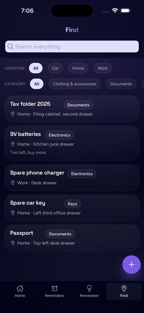 Blink Your Life app: Find screen with location and category filters and a list of stashed items