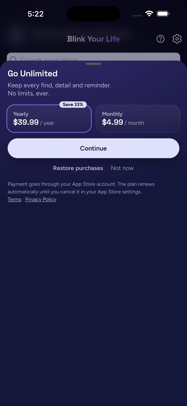 Blink Your Life app: The Go Unlimited sheet with yearly and monthly plans