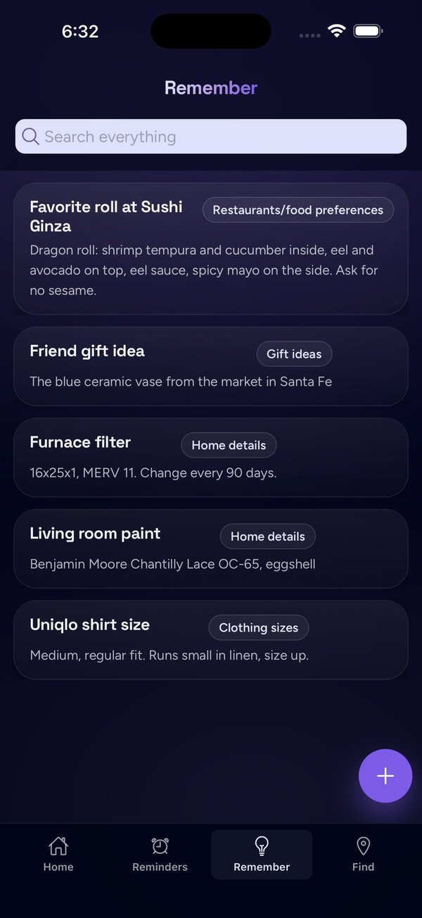 Blink Your Life app: Remember screen with saved details like a favorite sushi roll, a paint color, and a shirt size