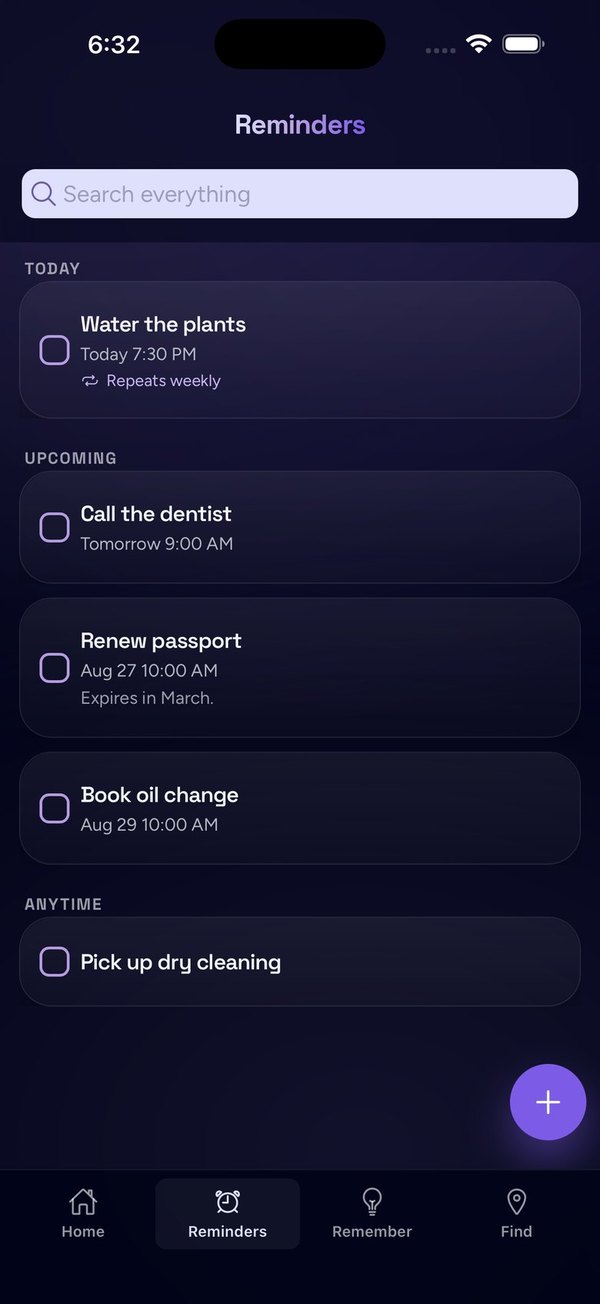 Blink Your Life app: Reminders screen grouped into Today, Upcoming, and Anytime