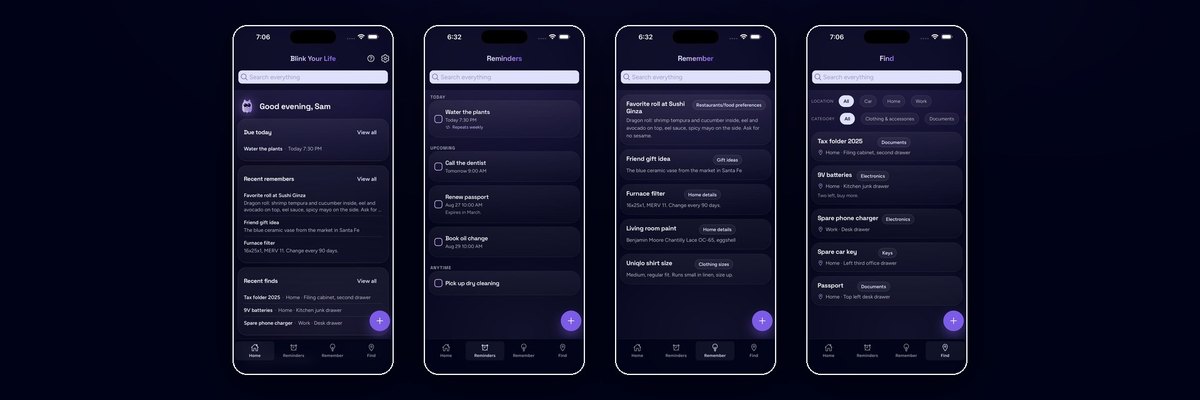 Blink Your Life: Home, Reminders, Remember, and Find screens in a row