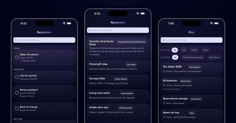 Blink Your Life: The Reminders, Remember, and Find screens side by side