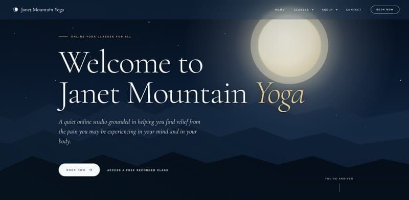 Janet Mountain Yoga: Homepage hero (night theme)
